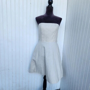 Monteau Women's Strapless Beige Nude Neutral Linen Stretch Back Pockets Dress M